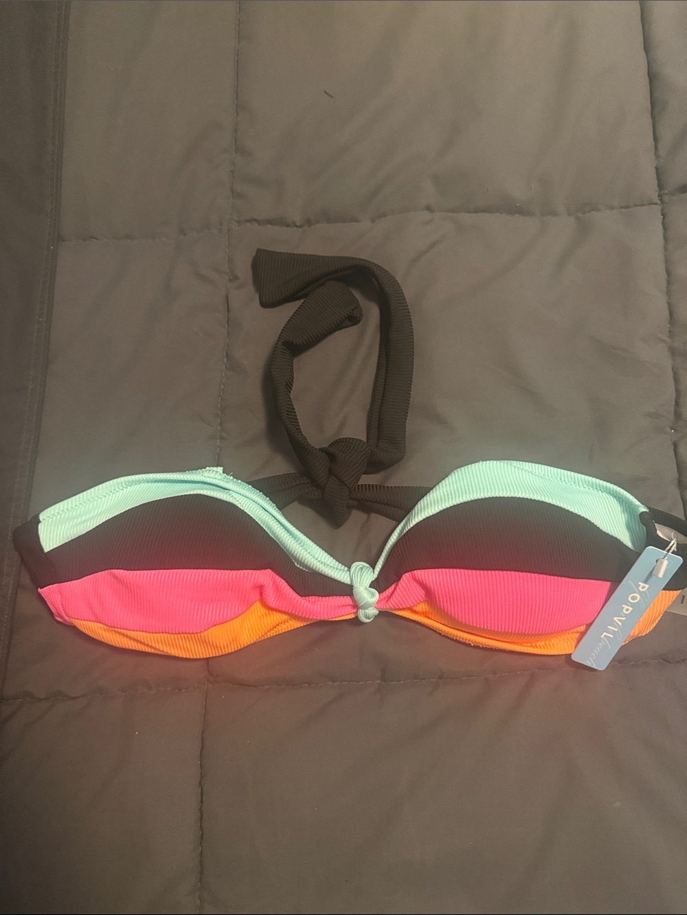 Colorblock Bandeau Bikini Top - Mint, Black, Pink & Orange size M
